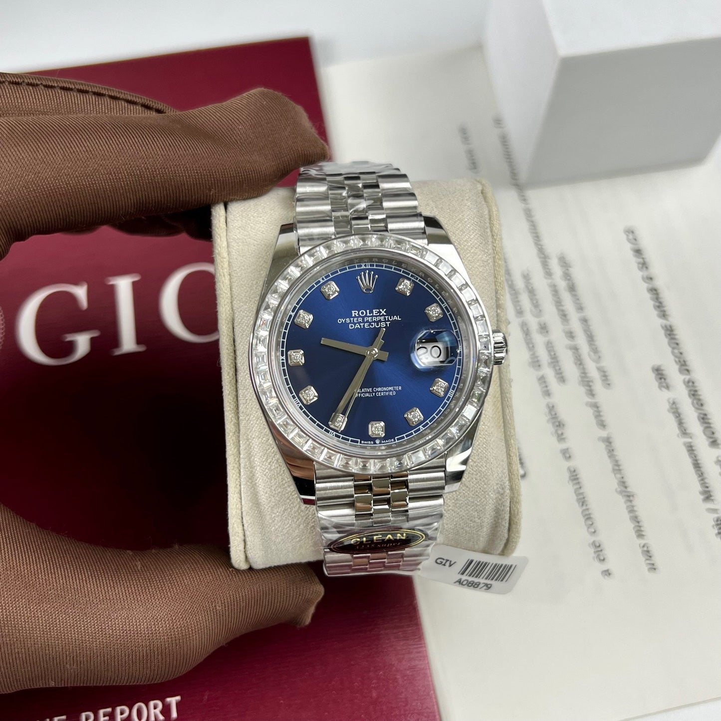 Rolex Datejust 41 quadrante blu in moissanite 126334-0016 e lunetta baguette in moissanite personalizzata