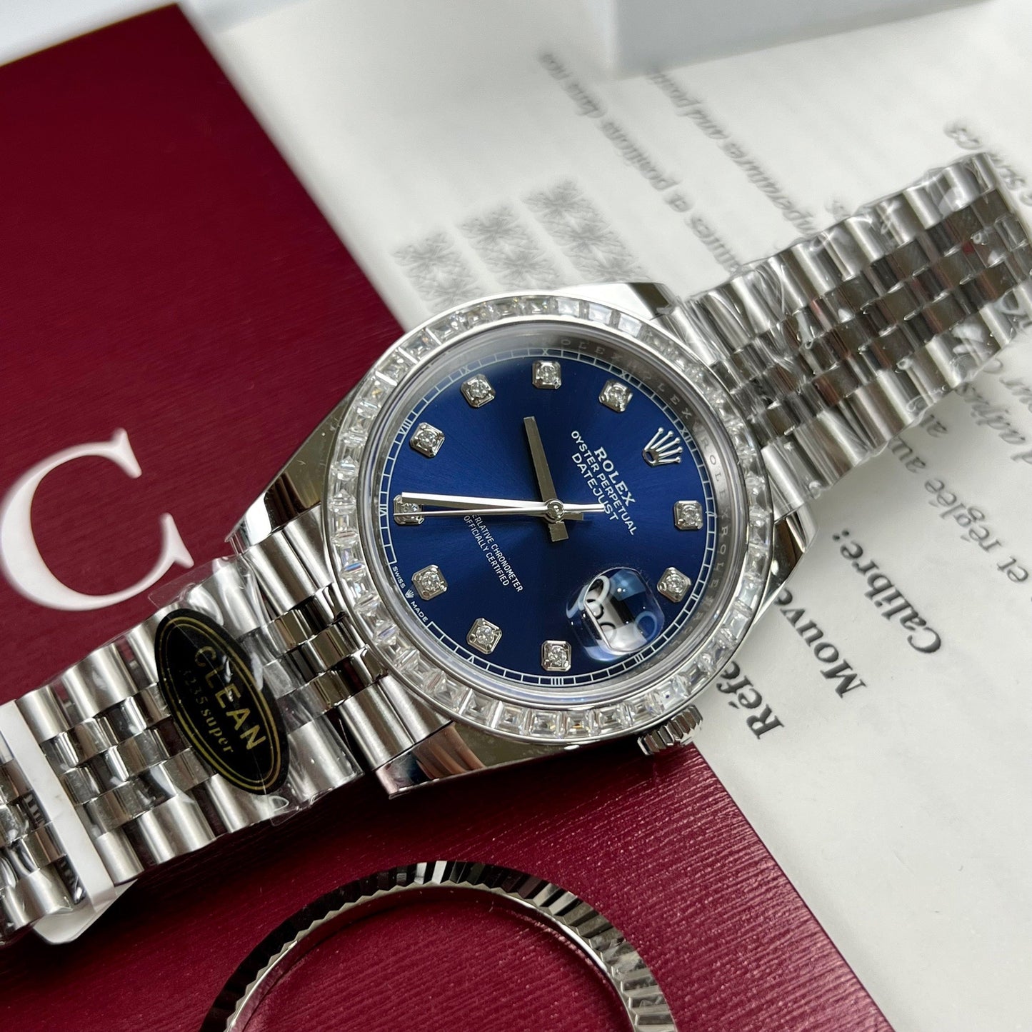 Rolex Datejust 41 quadrante blu in moissanite 126334-0016 e lunetta baguette in moissanite personalizzata