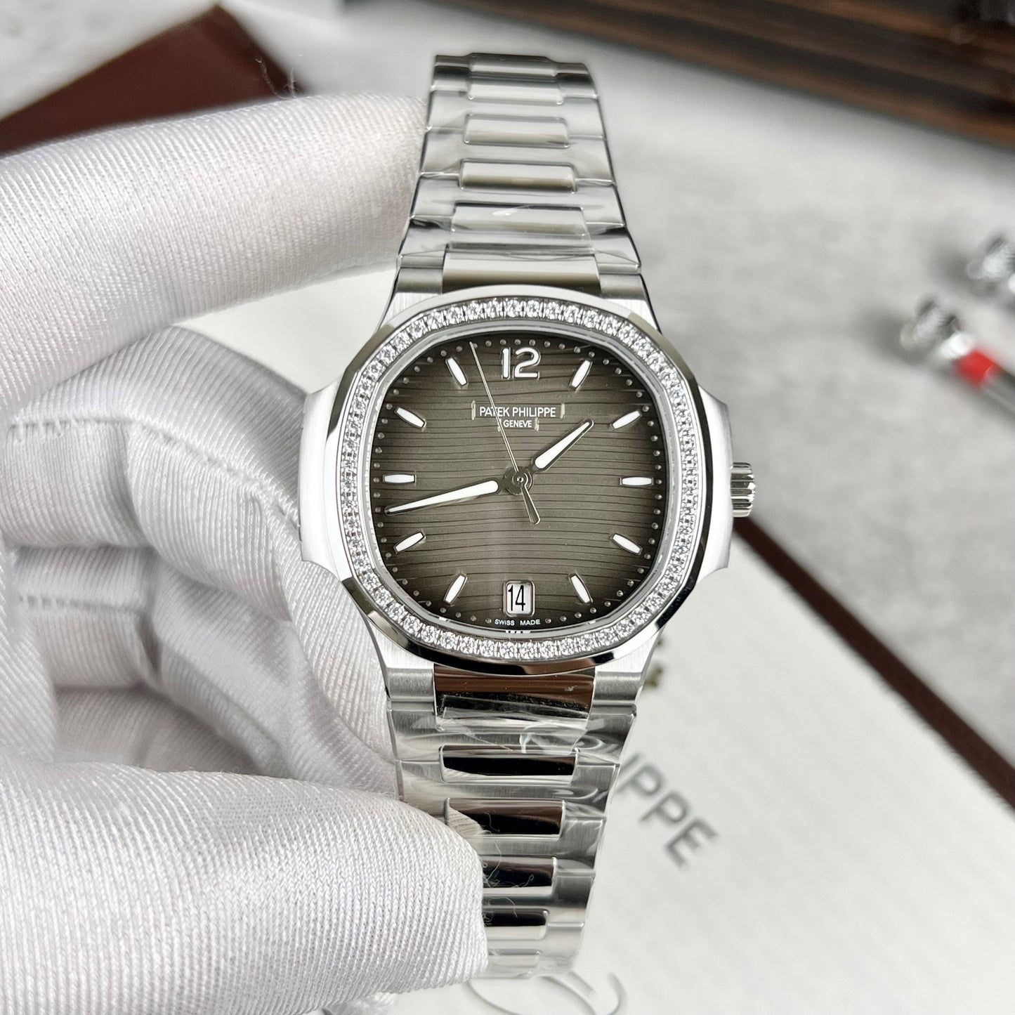 Patek Philippe Nautilus Ladies 7118/1A-011 custom stone from 3K Factory Stainless Steel