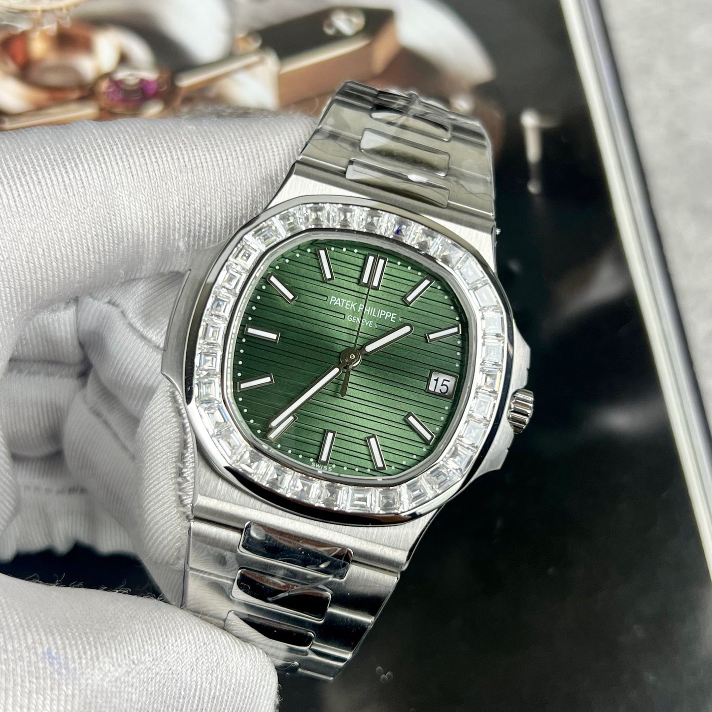 Patek Philippe Nautilus 5711/1300A-001 3K Factory Green Dial Custom Moisanite Baguette