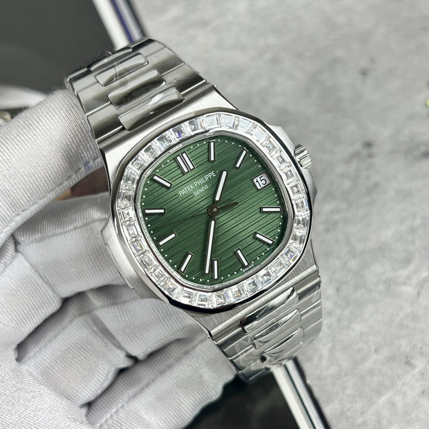 Patek Philippe Nautilus 5711/1300A-001 3K Factory Green Dial Custom Moisanite Baguette