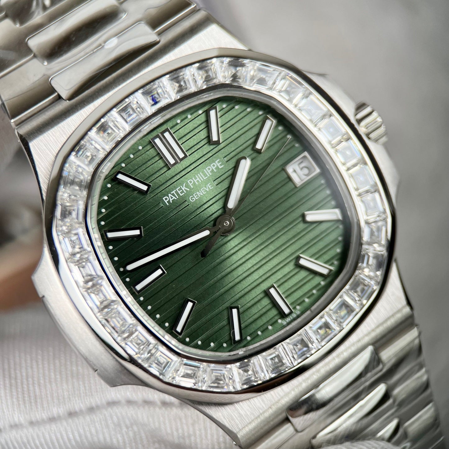 Patek Philippe Nautilus 5711/1300A-001 3K Factory Green Dial Custom Moisanite Baguette