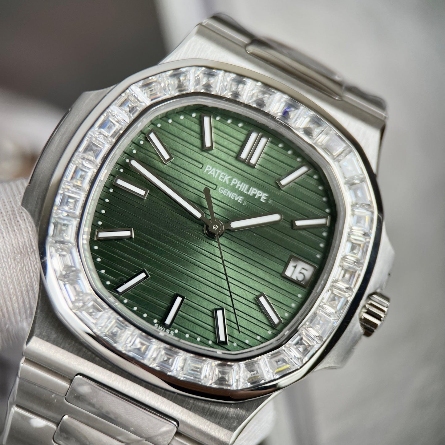 Patek Philippe Nautilus 5711/1300A-001 3K Factory Green Dial Custom Moisanite Baguette