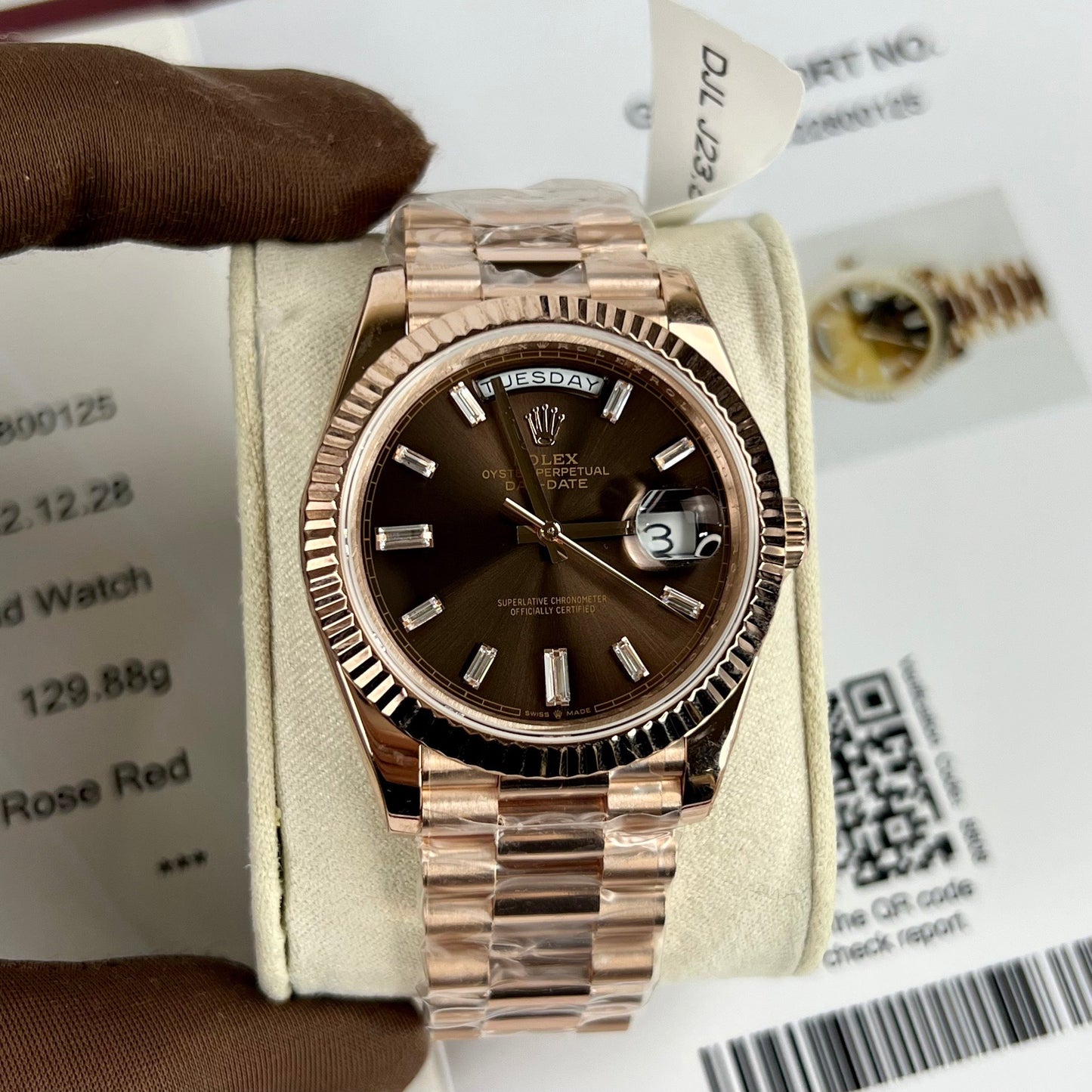 Rolex Day-Date 40mm 228235 quadrante cioccolato riempito in oro rosa 18 carati 150 grammi