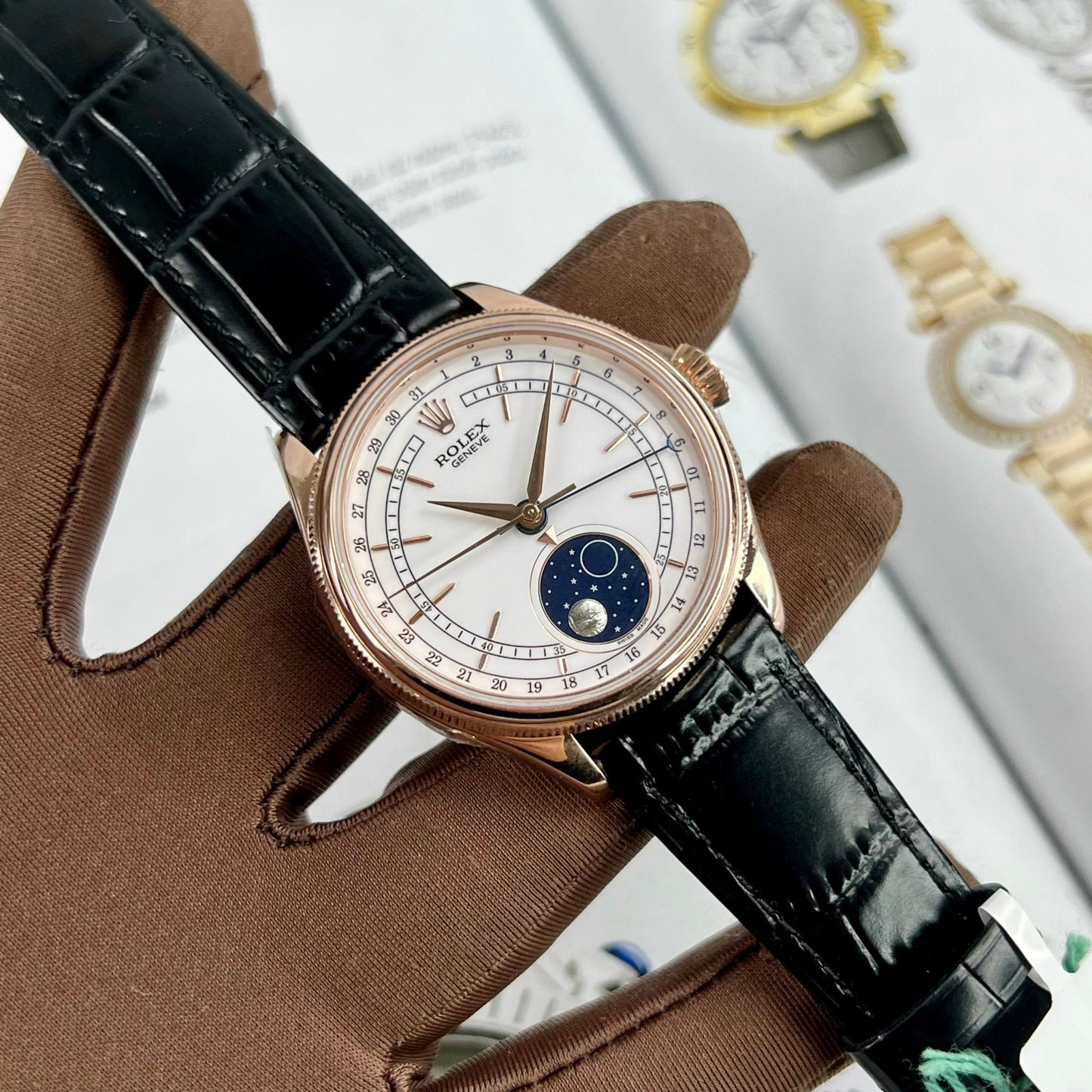 Rolex Cellini Moonphase 50535 KZ Factory lleno de oro rosa de 18 k