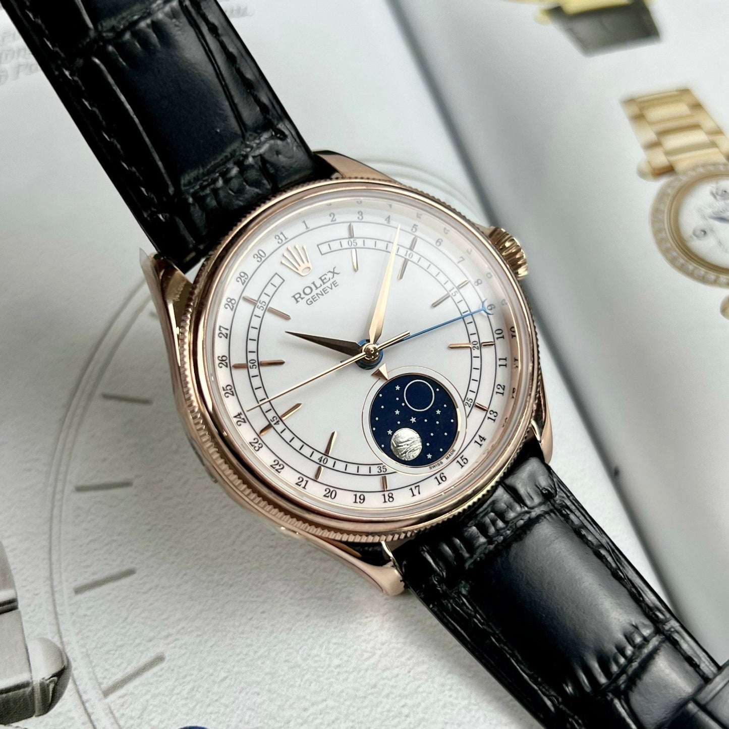 Rolex Cellini Moonphase 50535 KZ Factory lleno de oro rosa de 18 k