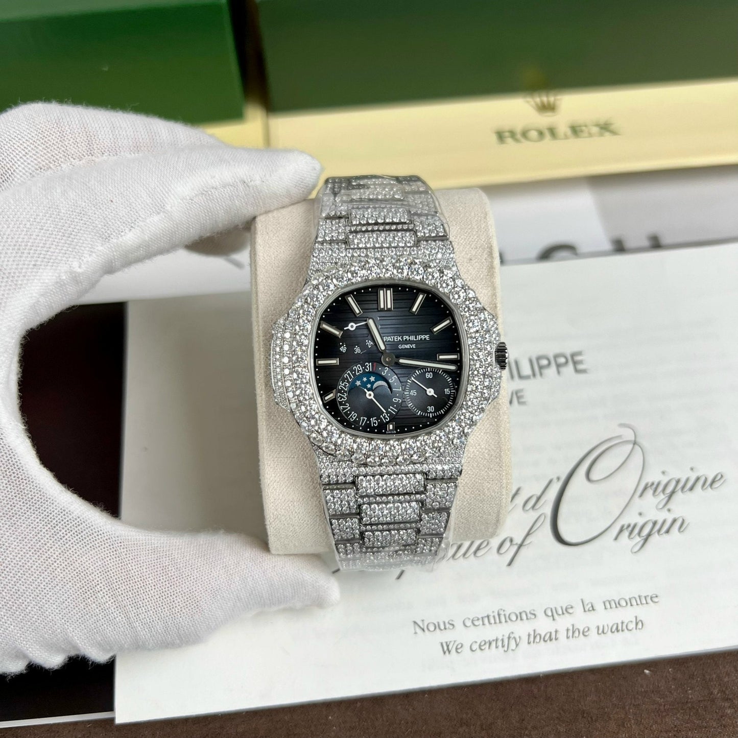 Patek Philippe Nautilus 5712/1A-001 PPF Factory V2 esfera azul moissanita completa personalizada