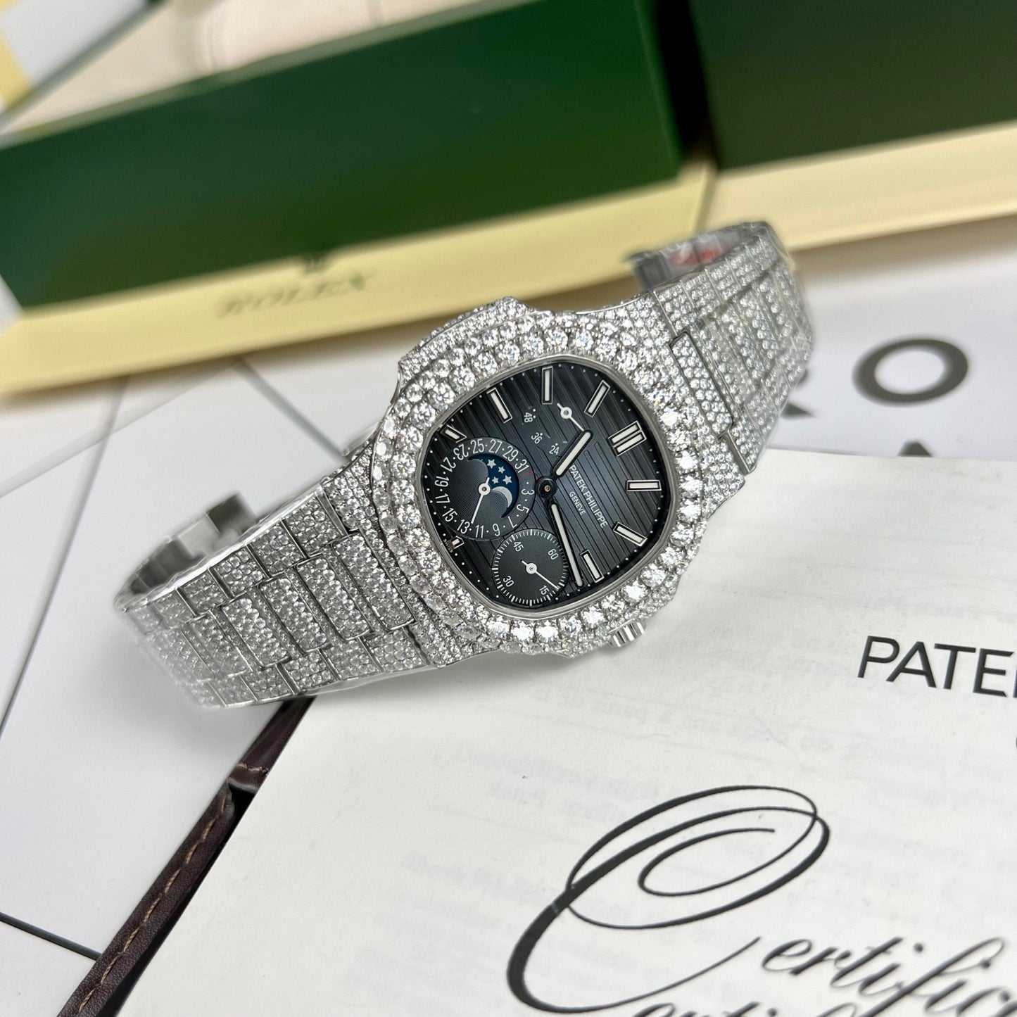 Patek Philippe Nautilus 5712/1A-001 PPF Factory V2 quadrante blu personalizzato completo Moissanite