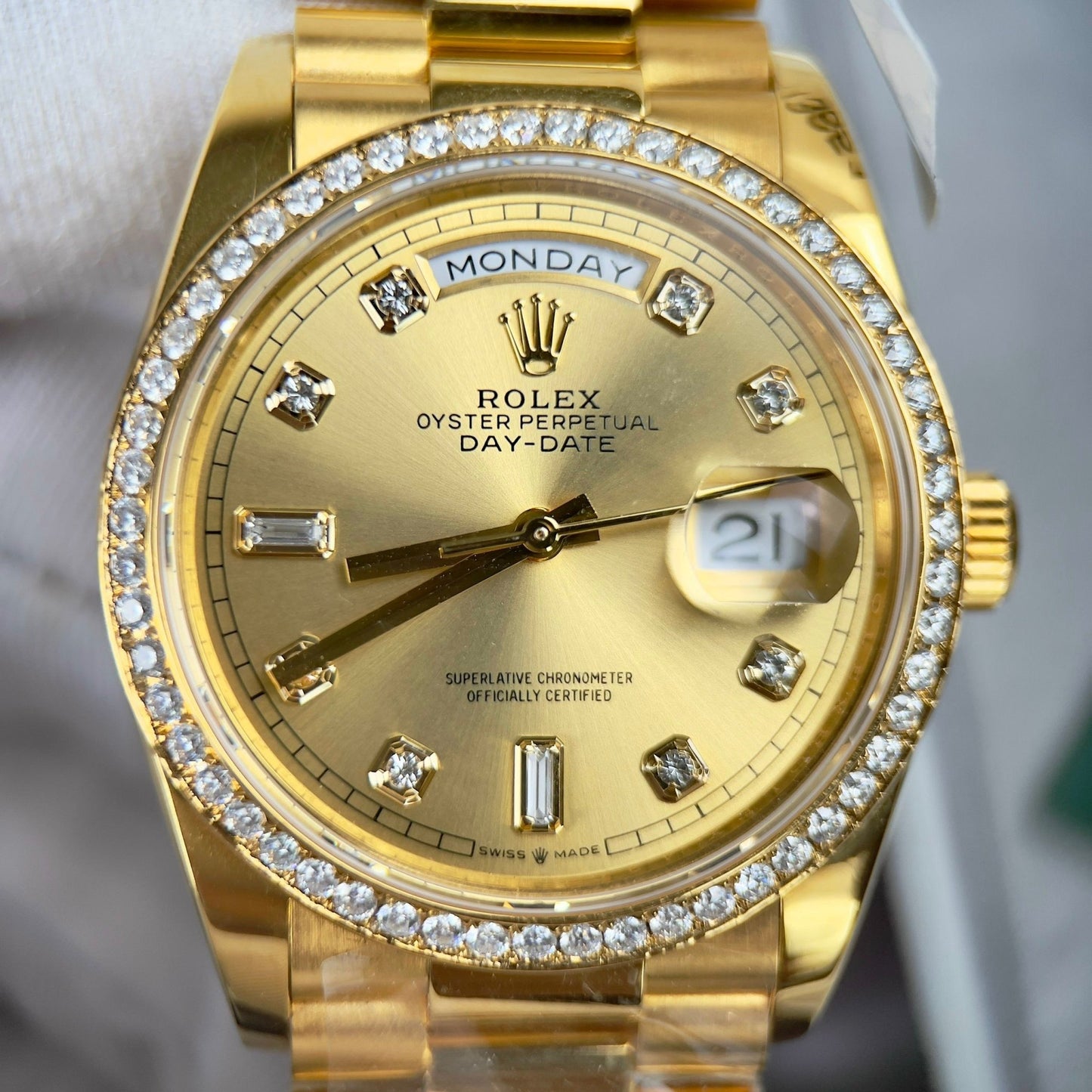 Rolex Day-Date 128238-0008 Watch 36mm coated 18k with Bezel Moissanite