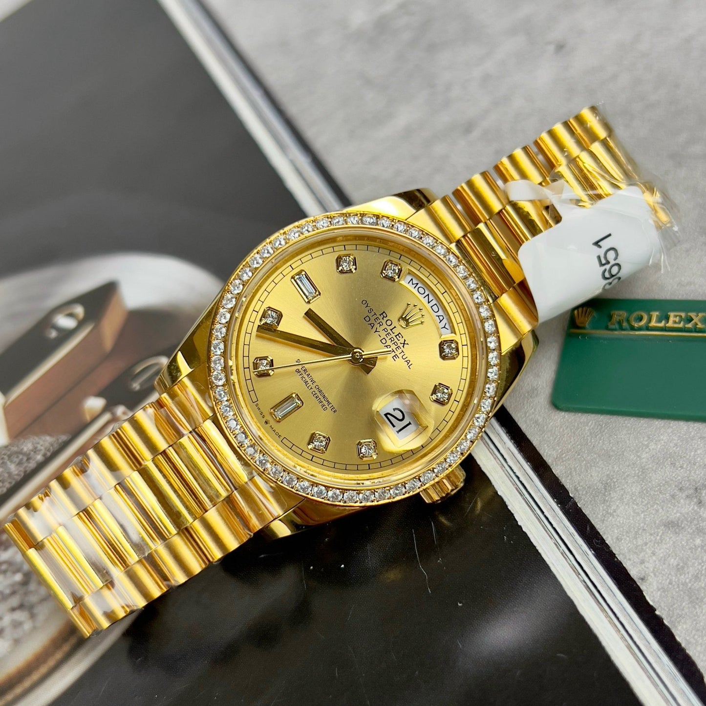 Rolex Day-Date 128238-0008 Watch 36mm coated 18k with Bezel Moissanite