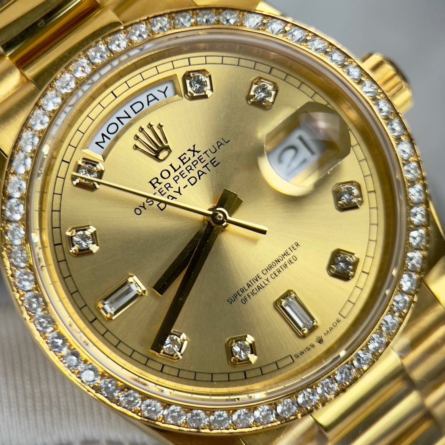 Rolex Day-Date 128238-0008 Watch 36mm coated 18k with Bezel Moissanite