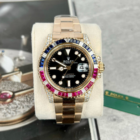 Rolex GMT-Master II 126755 Rainbow Bezel Mejor edición 1:1 con Ruby Stone y envuelto en 18k