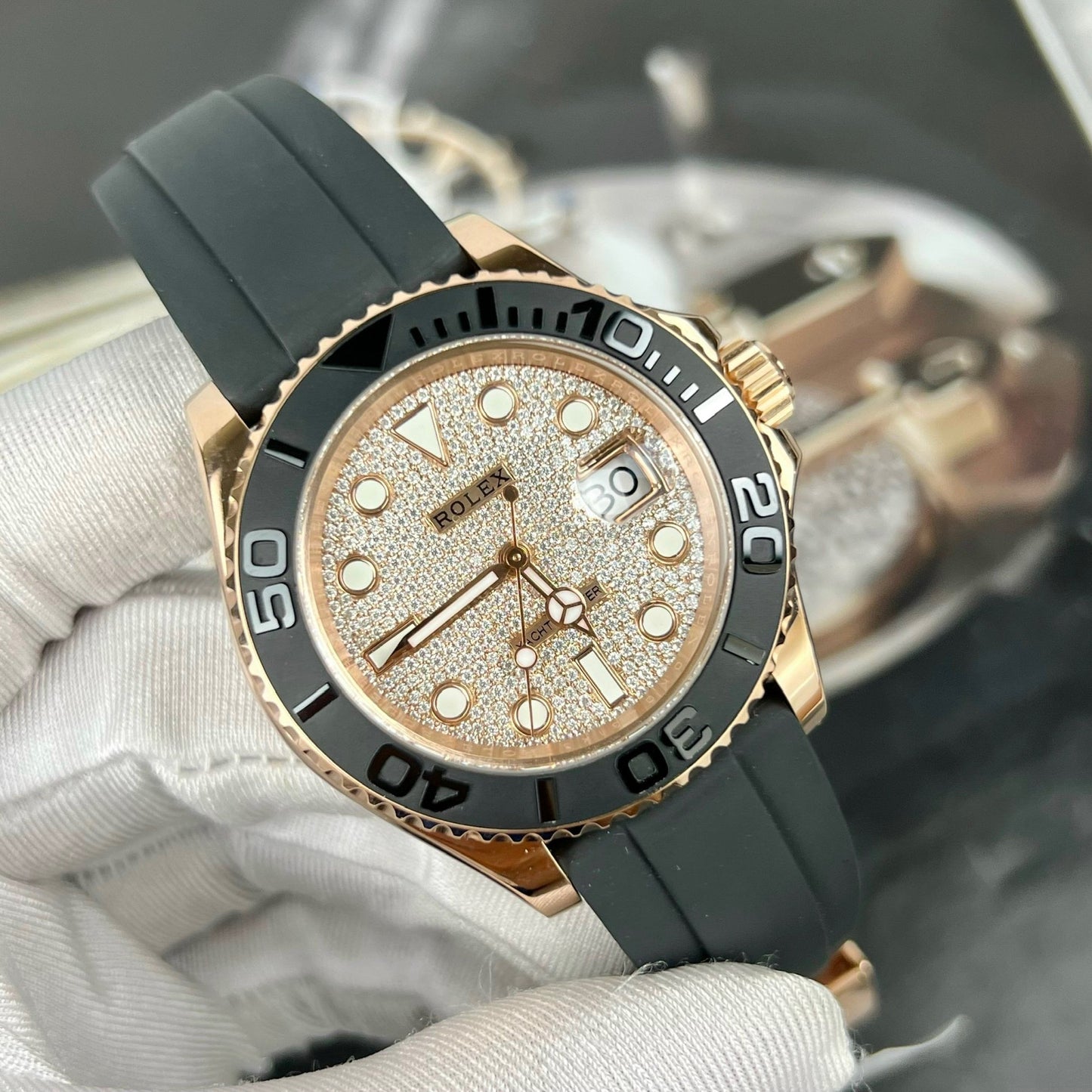 Rolex Yacht-Master 40 126655 Quadrante in pietra pavé - Movimento 3235 rivestito in oro 18 carati e moissanite