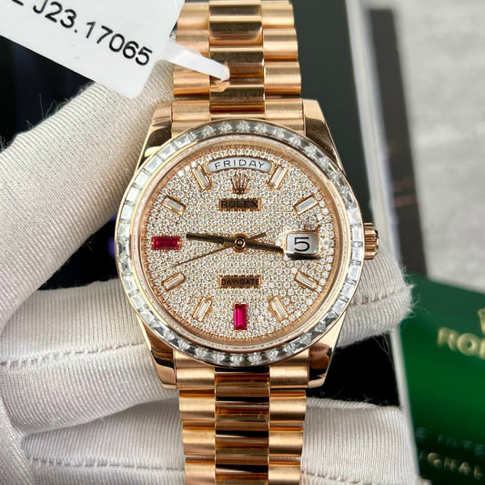 Rolex Day-Date 36 mm Everose Gold 128345RBR recubierto de 18 k con moissanita completa