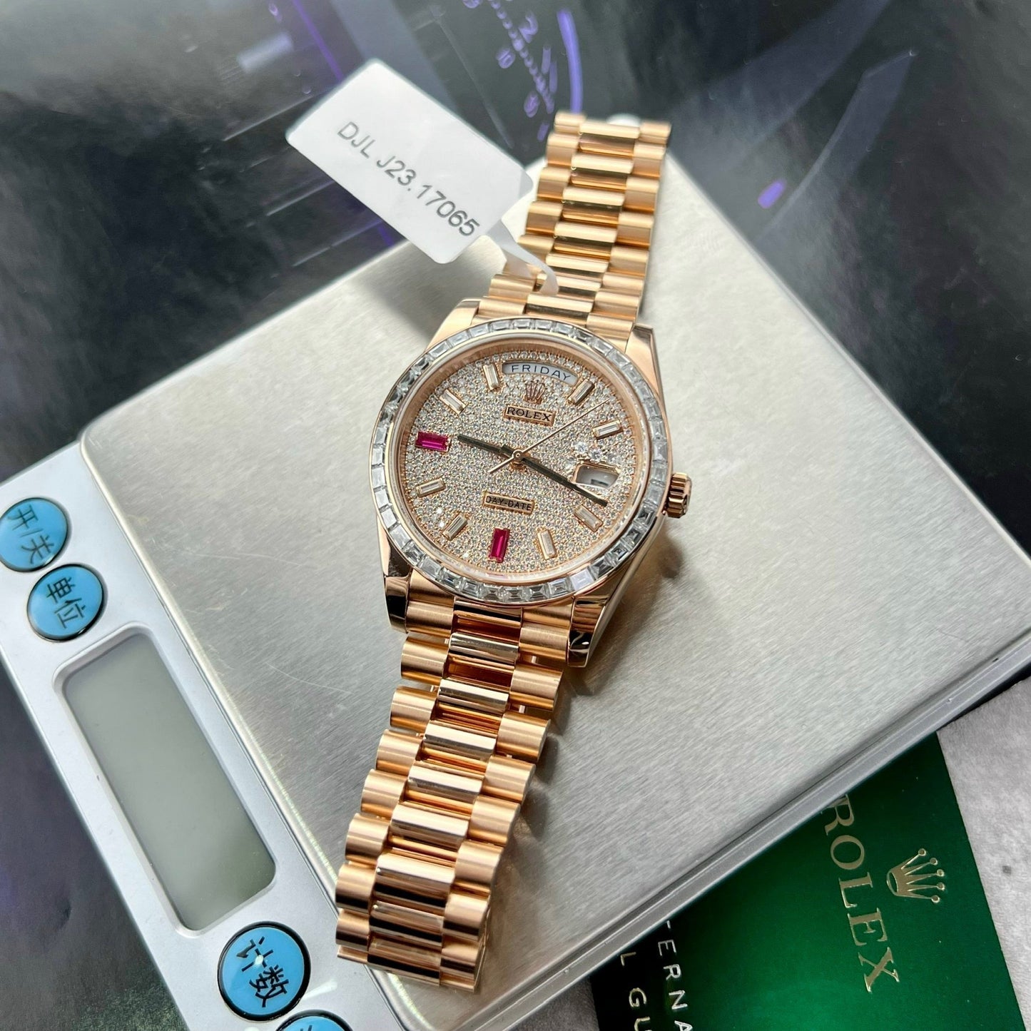 Rolex Day-Date 36mm Everose Gold 128345RBR coated 18k with full Moissanite