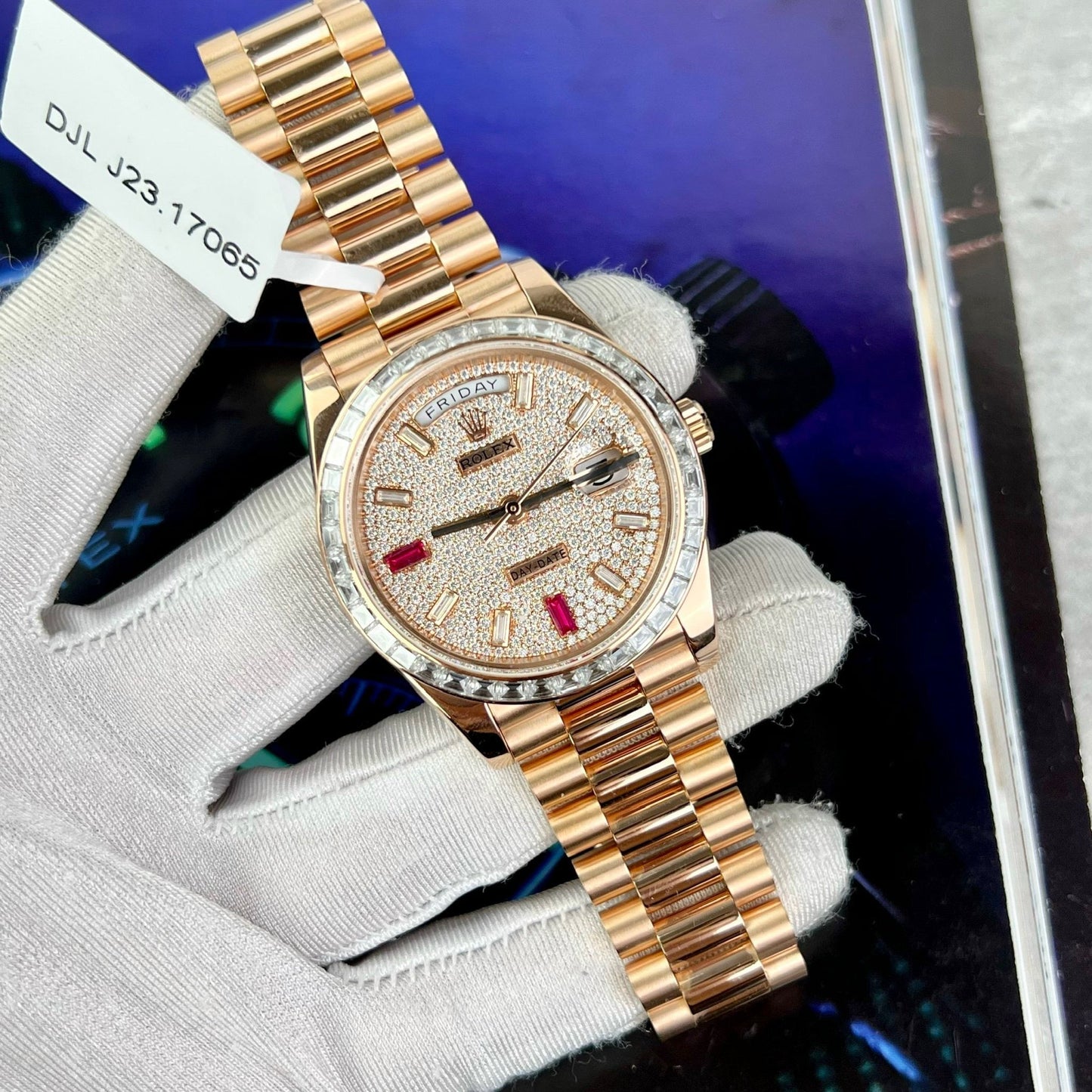 Rolex Day-Date 36mm Everose Gold 128345RBR coated 18k with full Moissanite