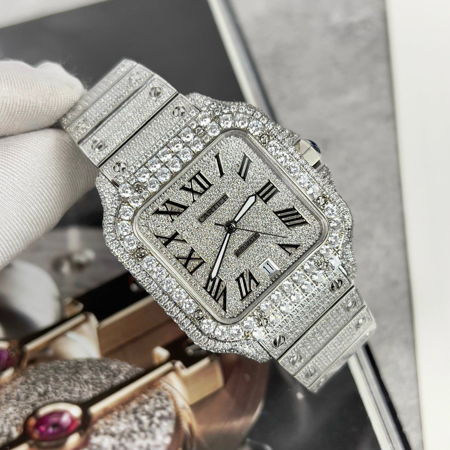 Santos De Cartier 40 mm Acero - Pavé de piedra Swarovski personalizado