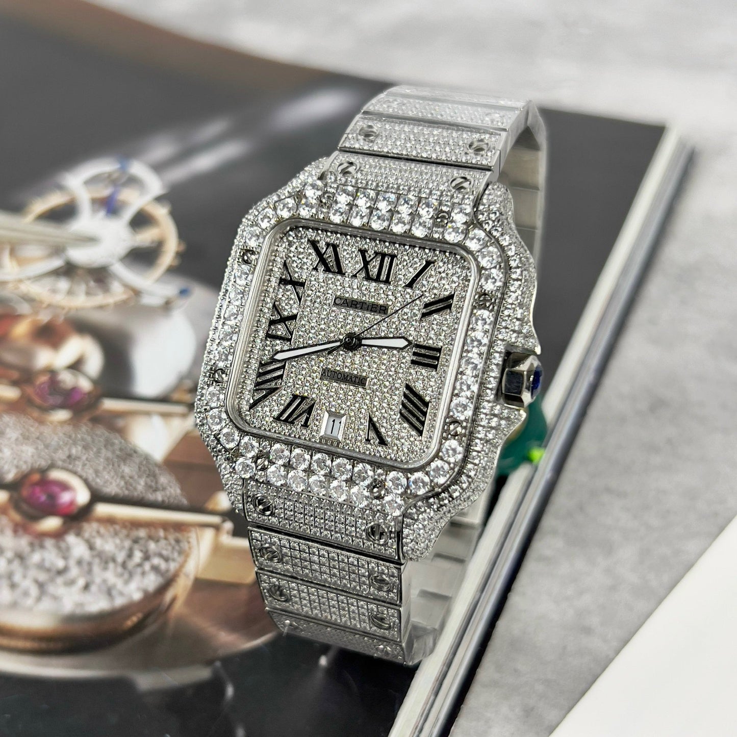 Santos De Cartier 40 mm Acero - Pavé de piedra Swarovski personalizado