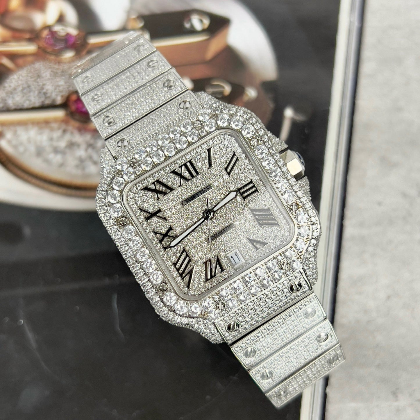 Santos De Cartier 40 mm Acero - Pavé de piedra Swarovski personalizado