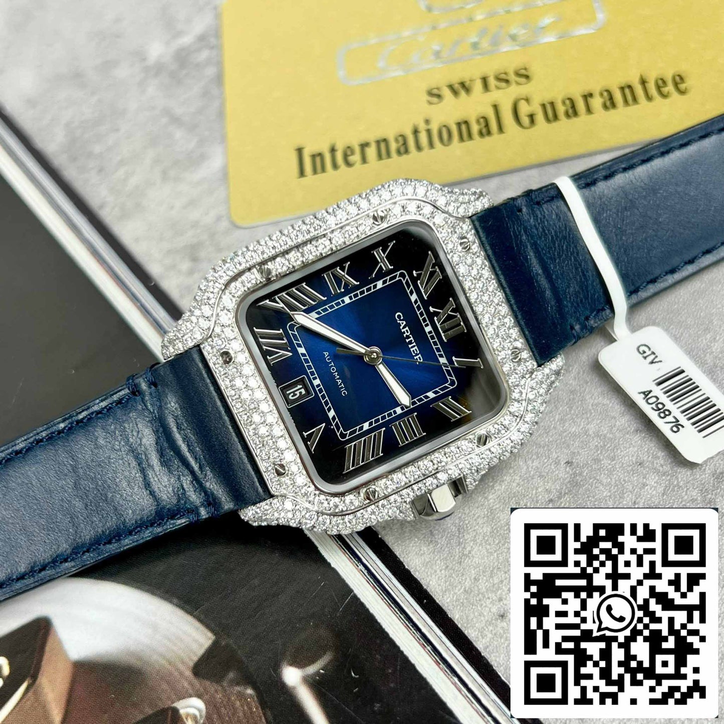 Cartier - Santos De Cartier - Acero - Engastado de diamantes personalizado - Esfera azul BV Factory