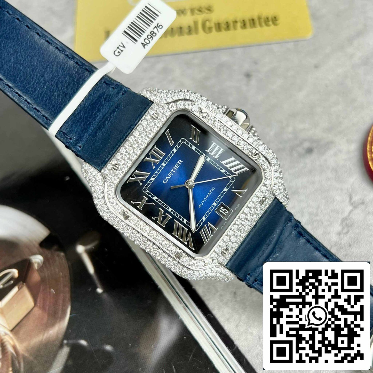 Cartier - Santos De Cartier - Acero - Engastado de diamantes personalizado - Esfera azul BV Factory