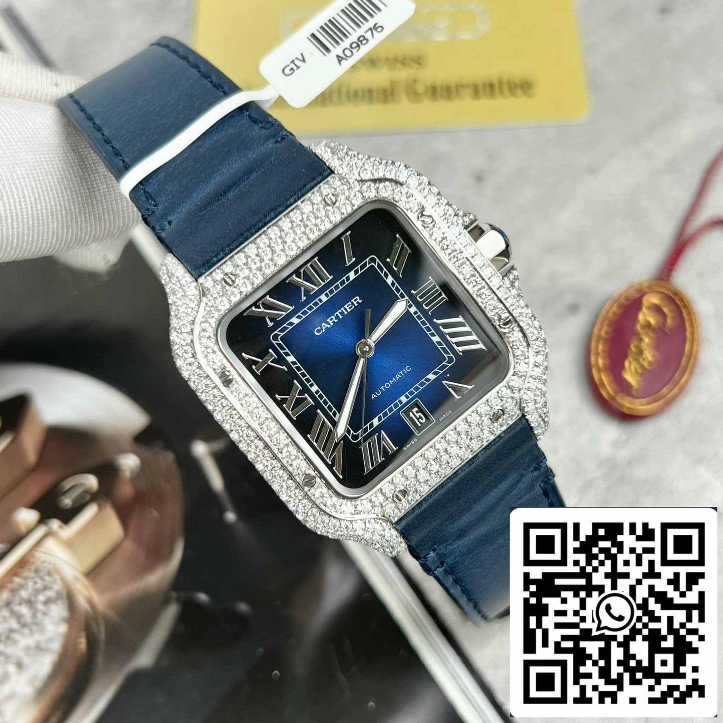 Cartier - Santos De Cartier - Acero - Engastado de diamantes personalizado - Esfera azul BV Factory