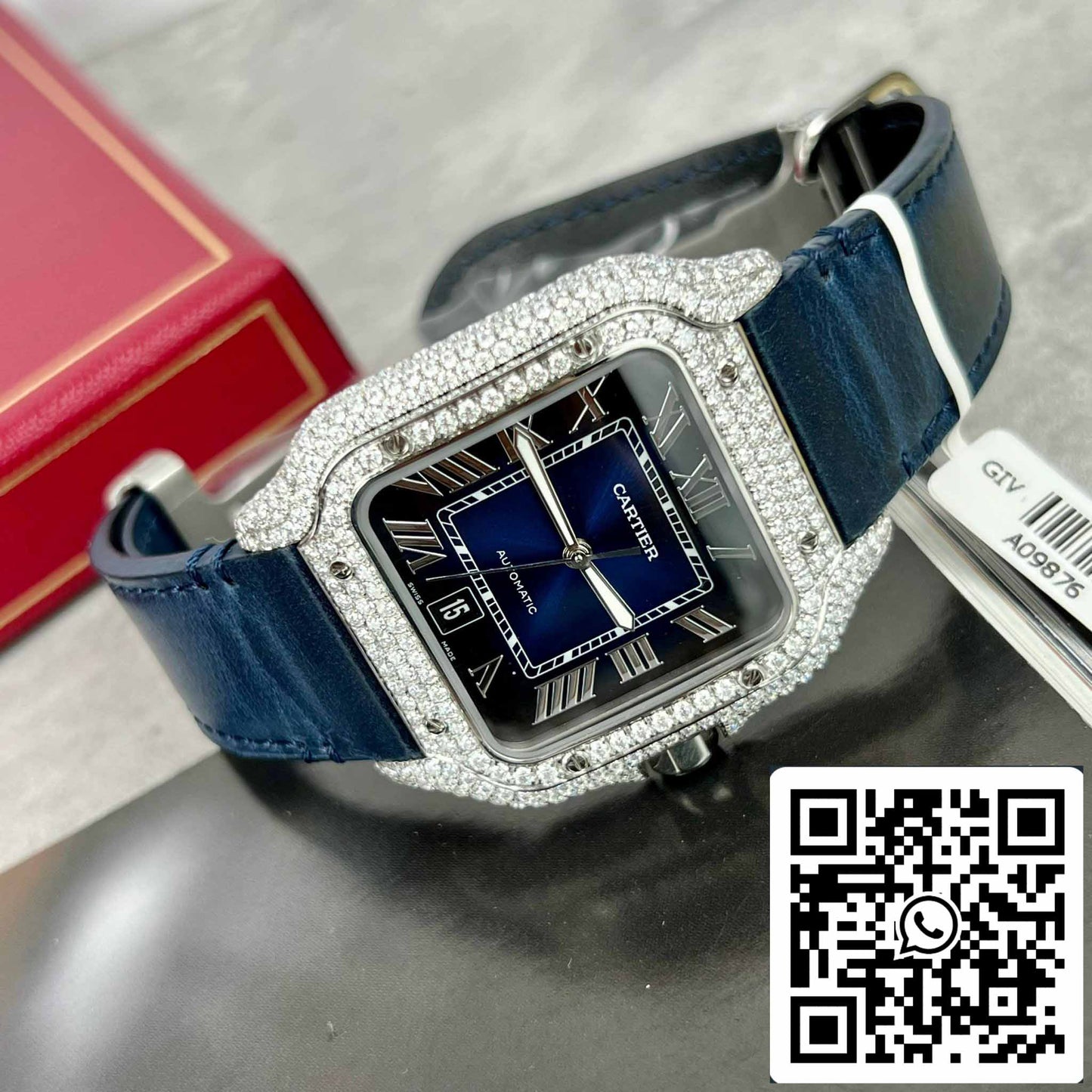 Cartier - Santos De Cartier - Acero - Engastado de diamantes personalizado - Esfera azul BV Factory