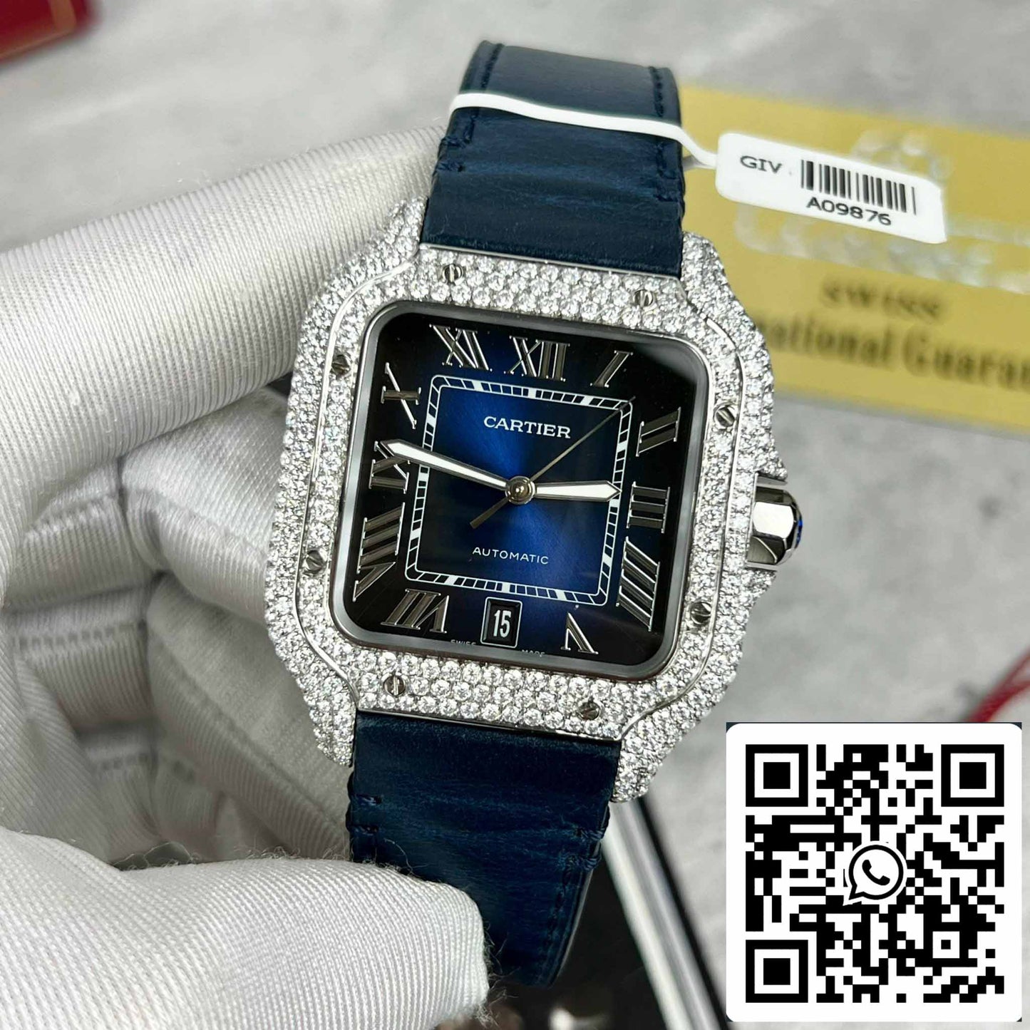 Cartier - Santos De Cartier - Acciaio - Set di diamanti personalizzato - Quadrante blu Fabbrica BV