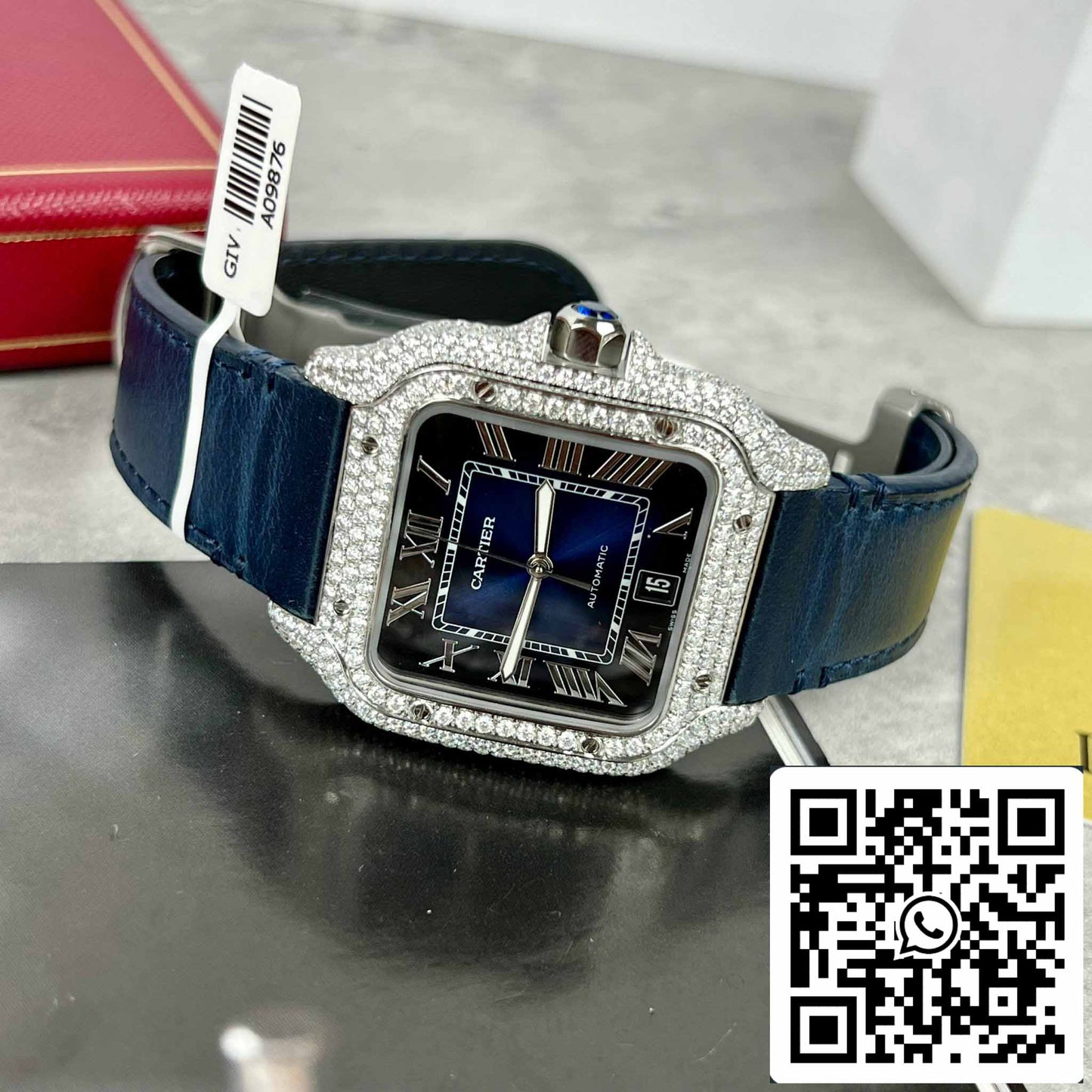 Cartier - Santos De Cartier - Acciaio - Set di diamanti personalizzato - Quadrante blu Fabbrica BV