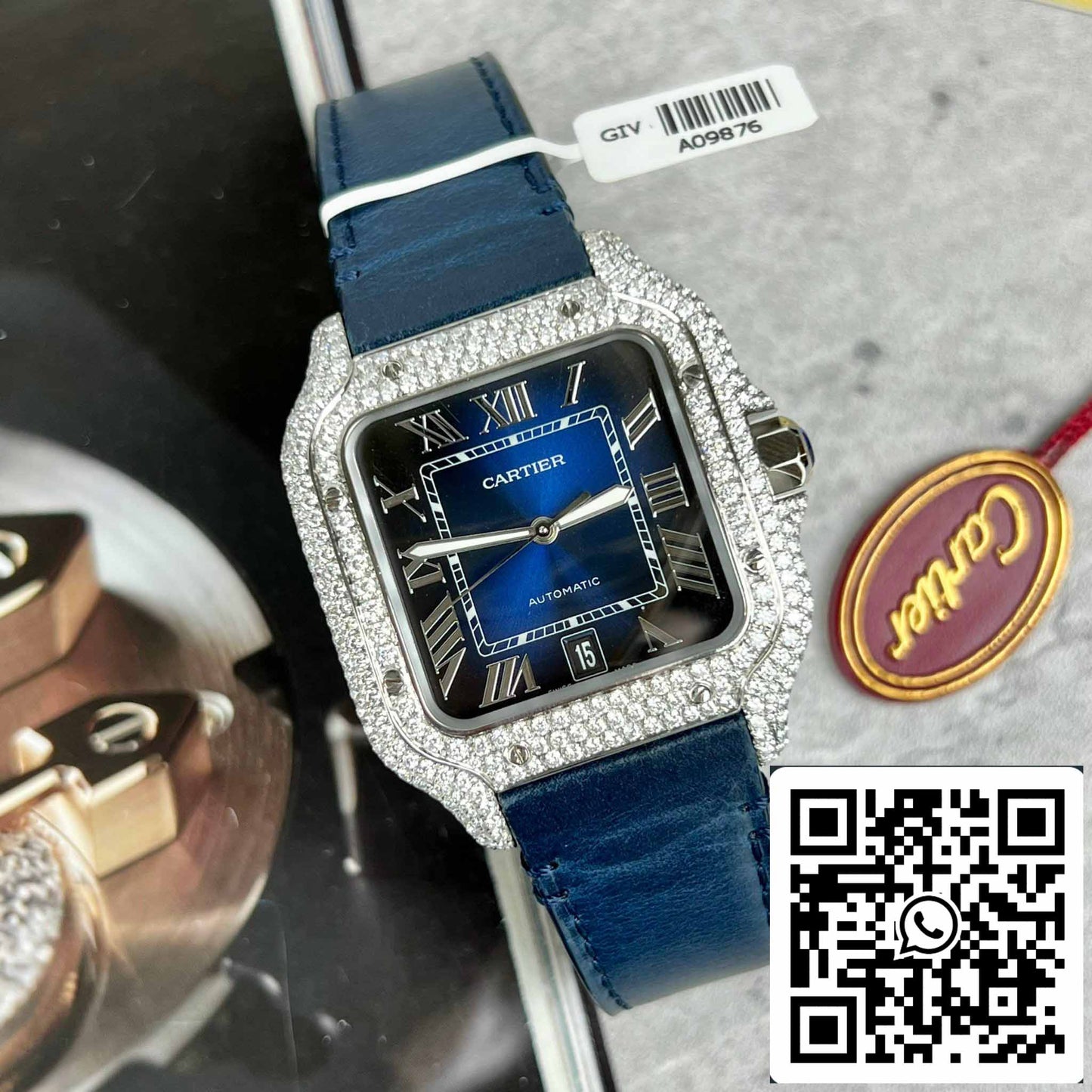 Cartier - Santos De Cartier - Acero - Engastado de diamantes personalizado - Esfera azul BV Factory