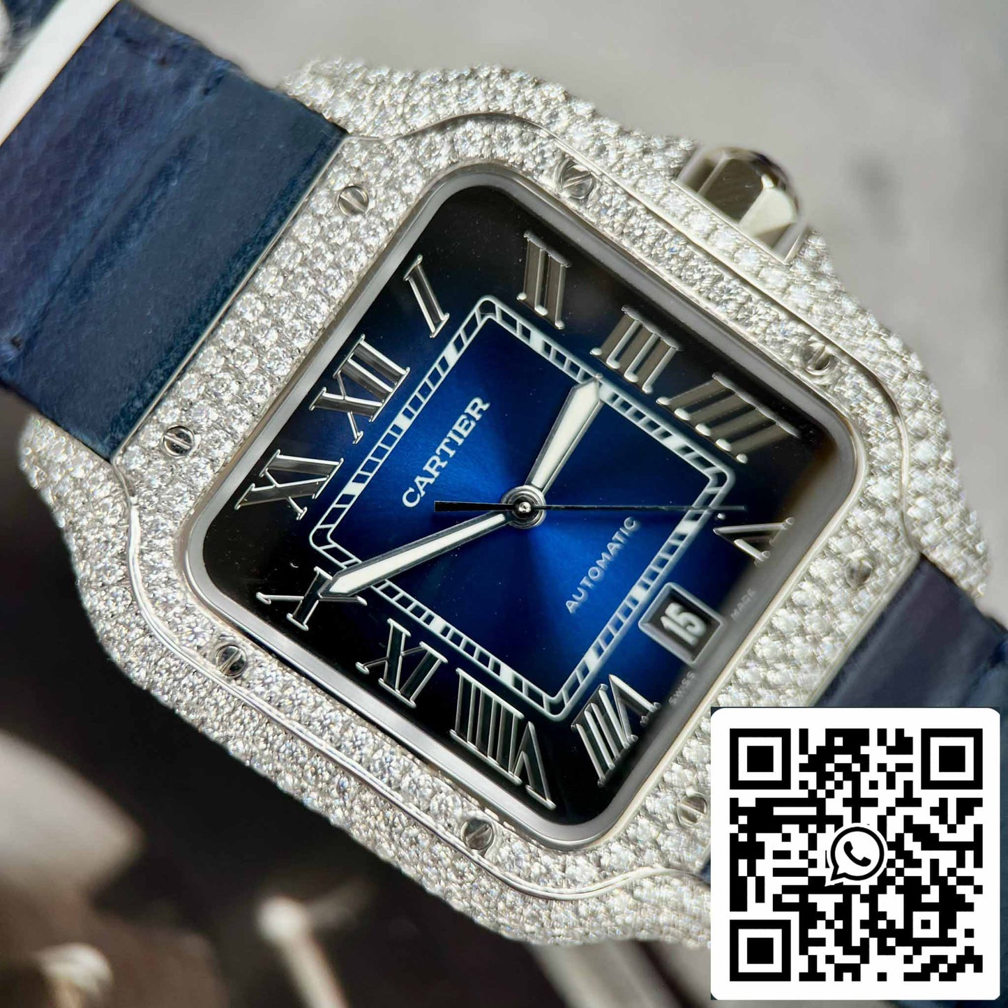 Cartier - Santos De Cartier - Acciaio - Set di diamanti personalizzato - Quadrante blu Fabbrica BV