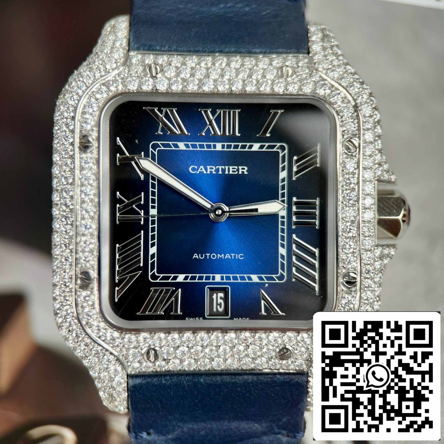 Cartier - Santos De Cartier - Acero - Engastado de diamantes personalizado - Esfera azul BV Factory