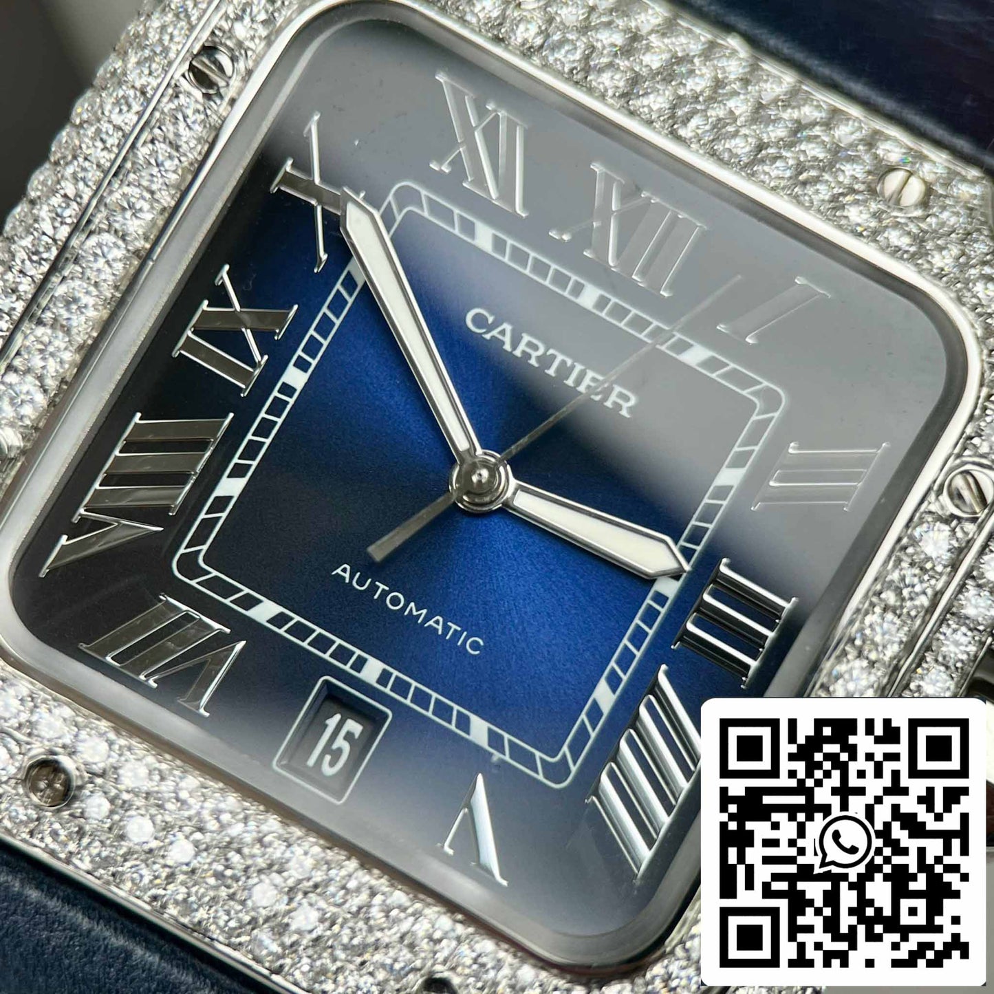 Cartier - Santos De Cartier - Acero - Engastado de diamantes personalizado - Esfera azul BV Factory