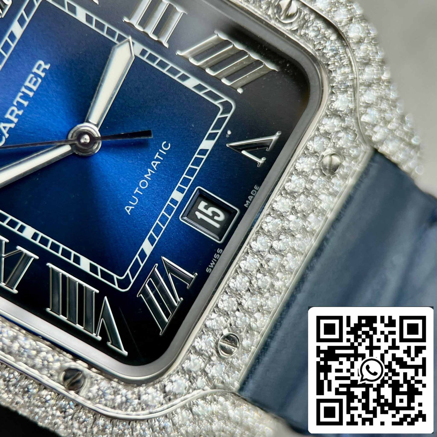 Cartier - Santos De Cartier - Acero - Engastado de diamantes personalizado - Esfera azul BV Factory