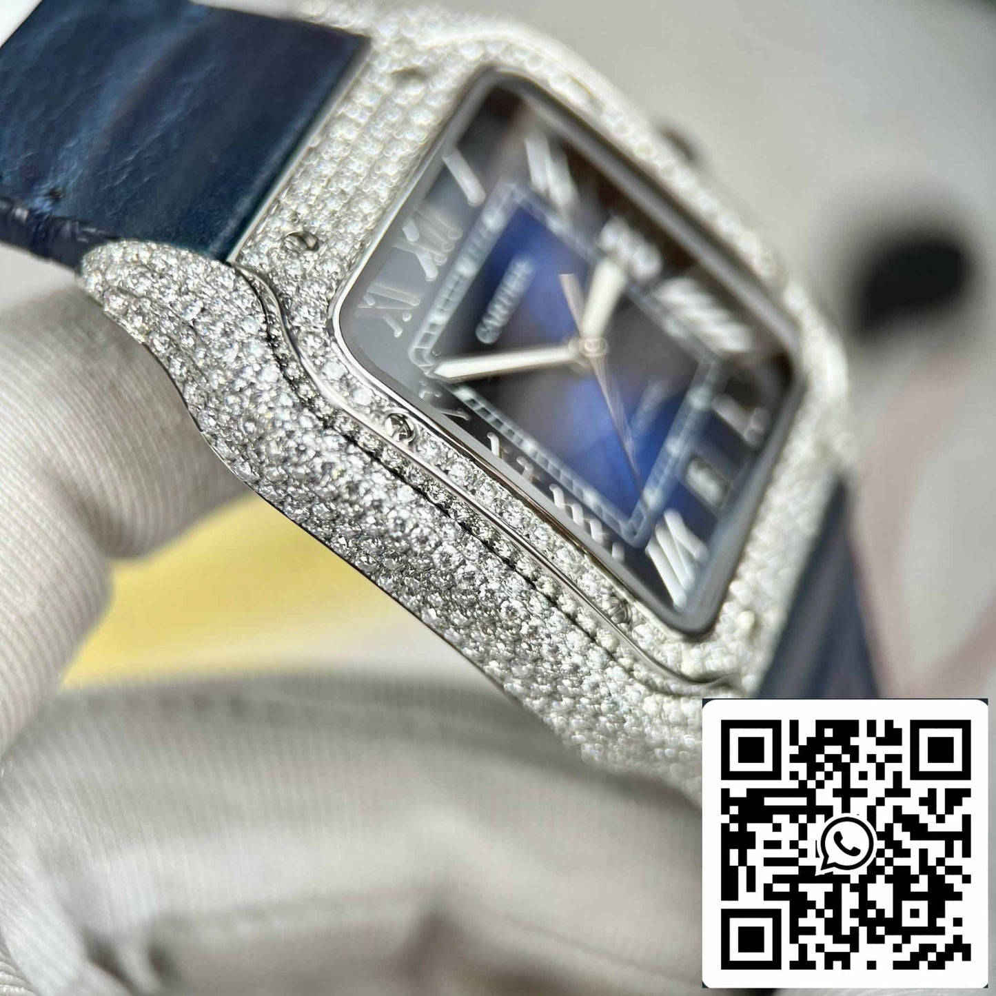 Cartier - Santos De Cartier - Acero - Engastado de diamantes personalizado - Esfera azul BV Factory