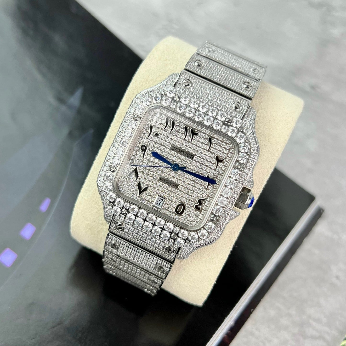 Santos De Cartier 40 mm Acero - Esfera árabe con piedra Pavé Swarovski personalizada