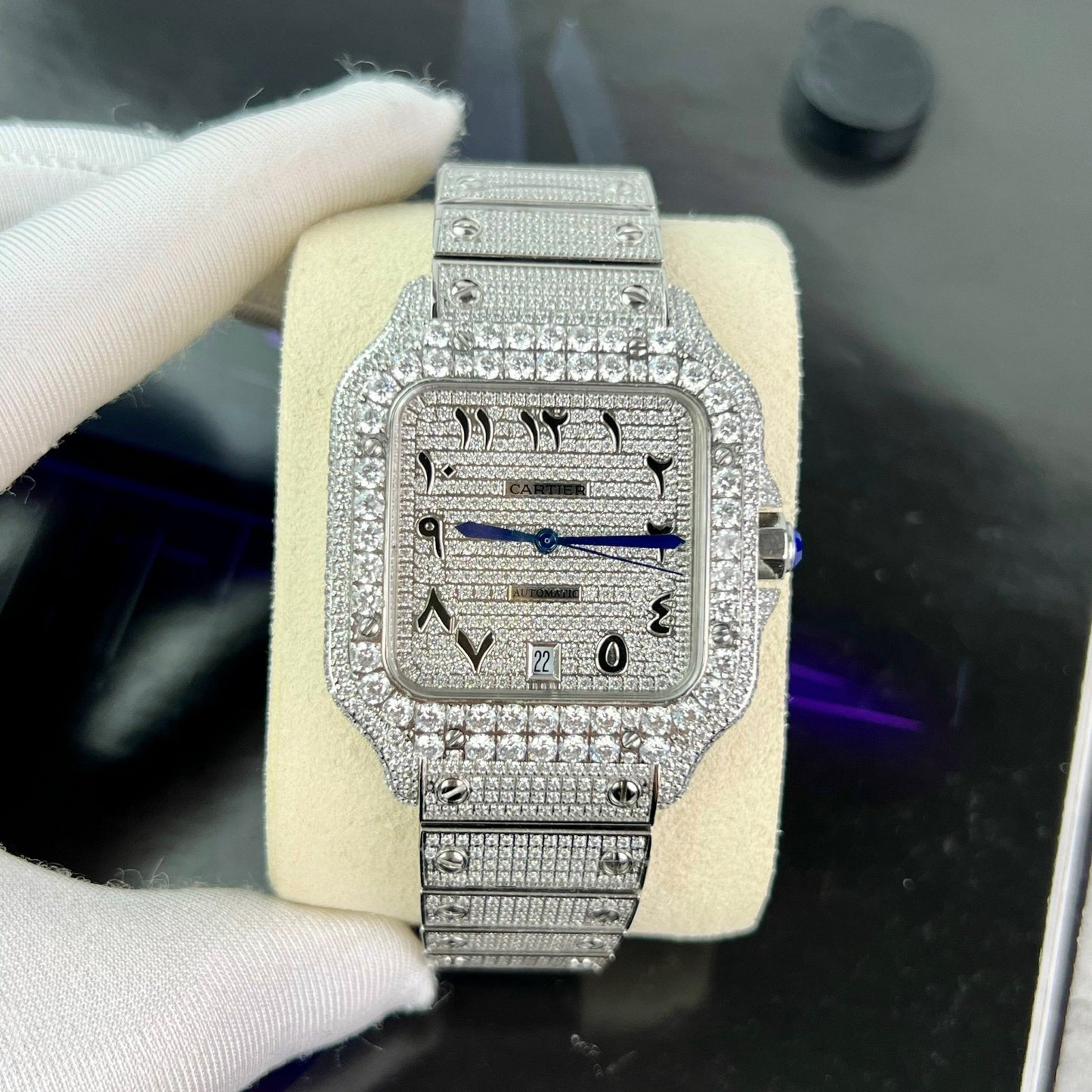 Santos De Cartier 40 mm in acciaio – quadrante arabo con pavé personalizzato di pietre Swarovski