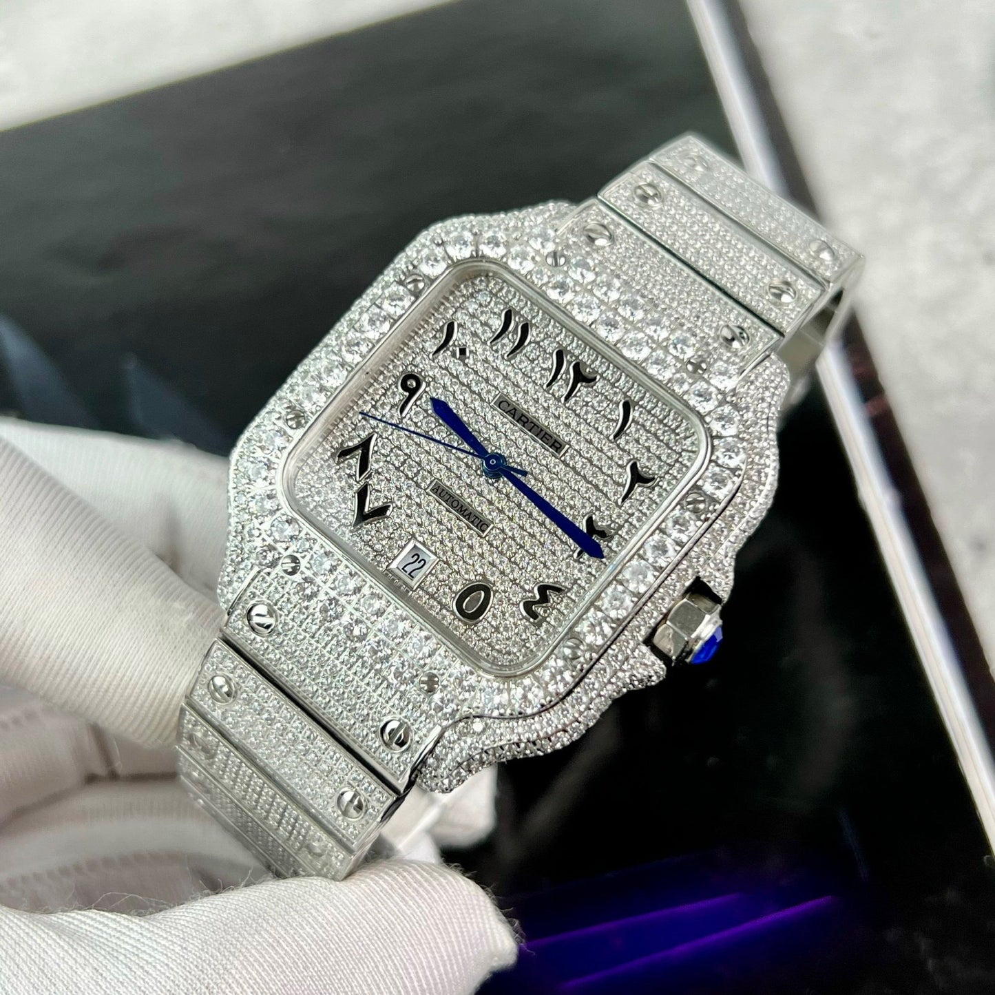 Santos De Cartier 40 mm in acciaio – quadrante arabo con pavé personalizzato di pietre Swarovski