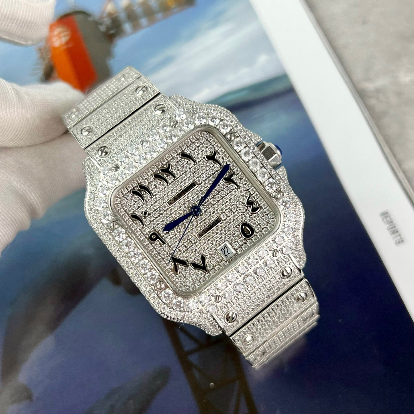 Santos De Cartier 40 mm in acciaio – quadrante arabo con pavé personalizzato di pietre Swarovski