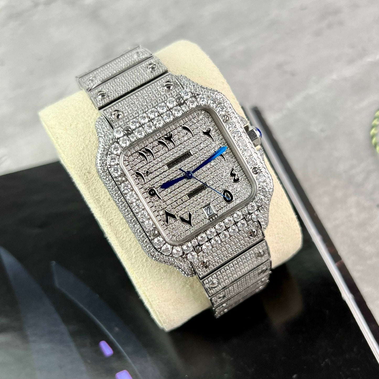 Santos De Cartier 40 mm in acciaio – quadrante arabo con pavé personalizzato di pietre Swarovski