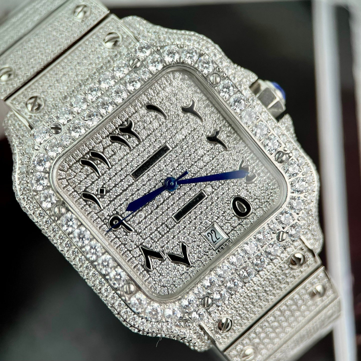 Santos De Cartier 40 mm in acciaio – quadrante arabo con pavé personalizzato di pietre Swarovski