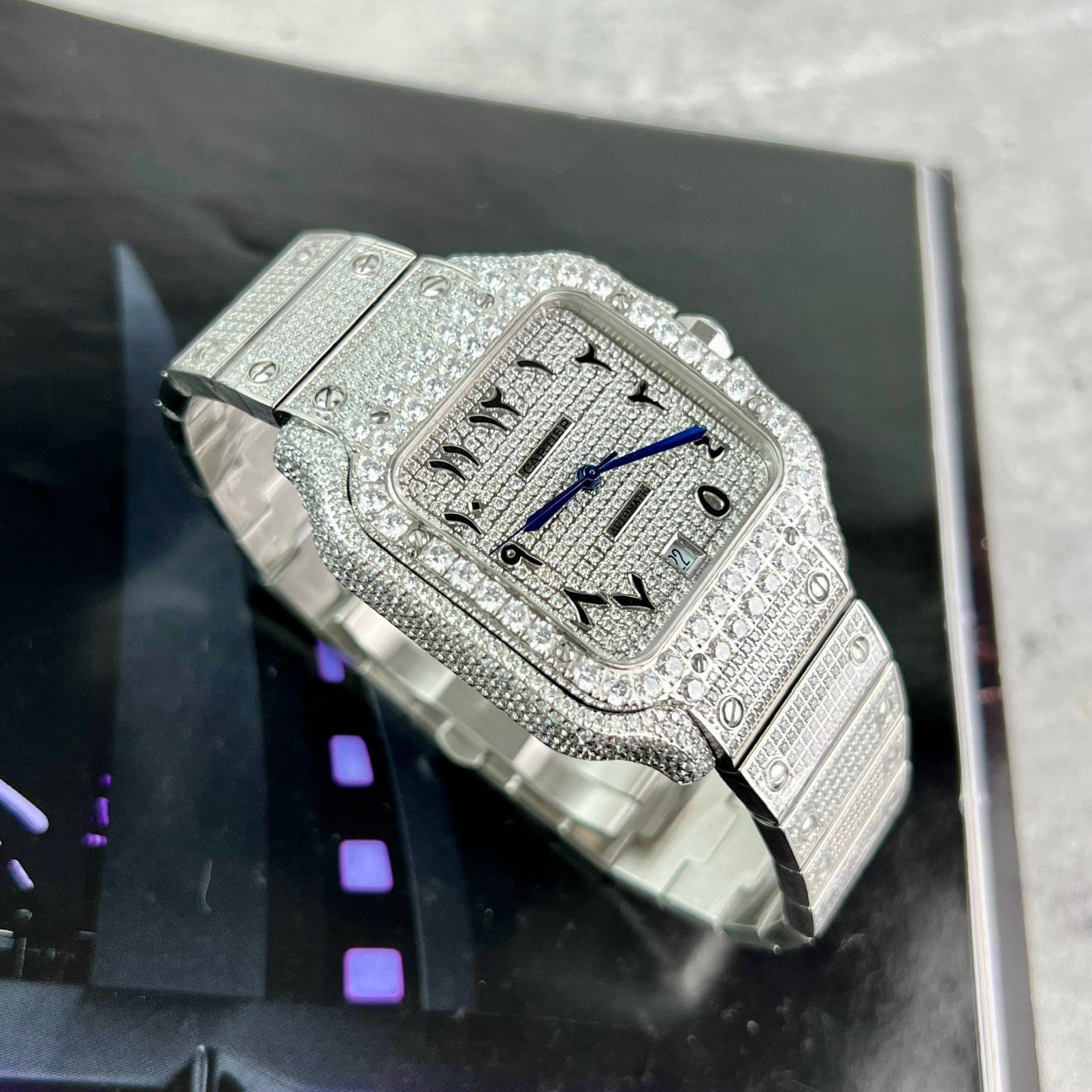 Santos De Cartier 40 mm in acciaio – quadrante arabo con pavé personalizzato di pietre Swarovski