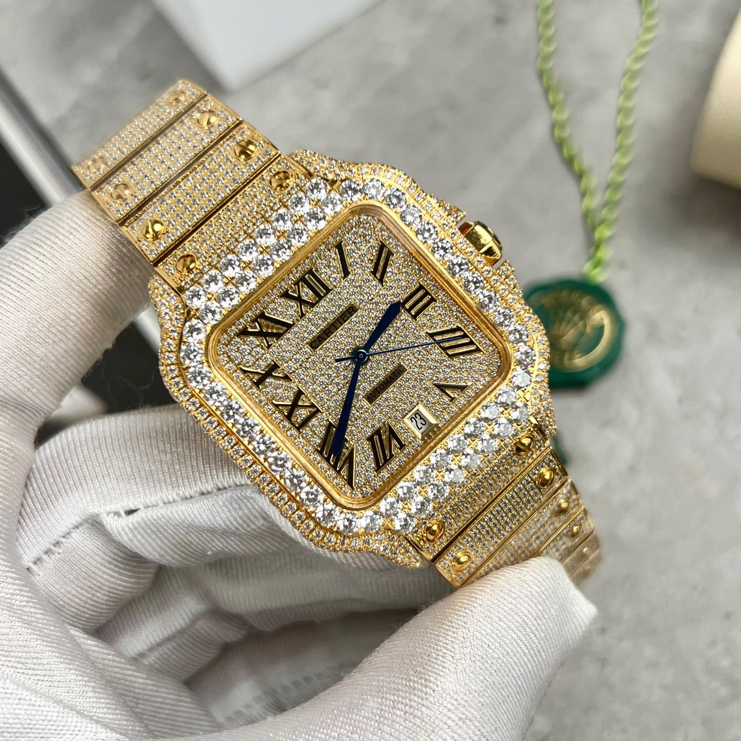 Cartier De Santos Custom full swarovski stone for men yellow gold pvd plated