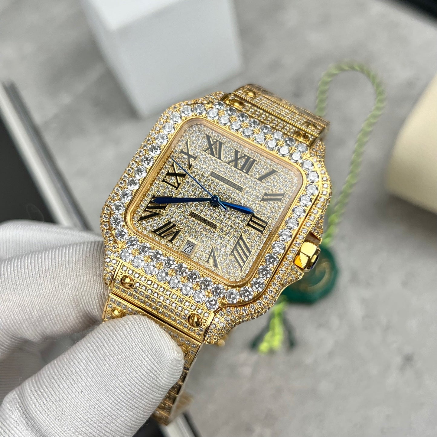 Cartier De Santos Pietra swarovski personalizzata completa da uomo placcata in oro giallo pvd