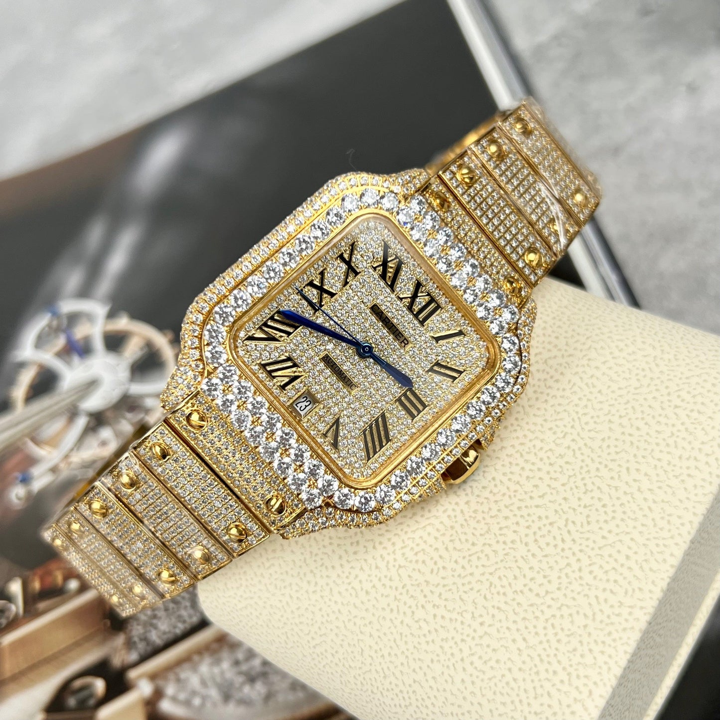 Cartier De Santos Custom full swarovski stone for men yellow gold pvd plated