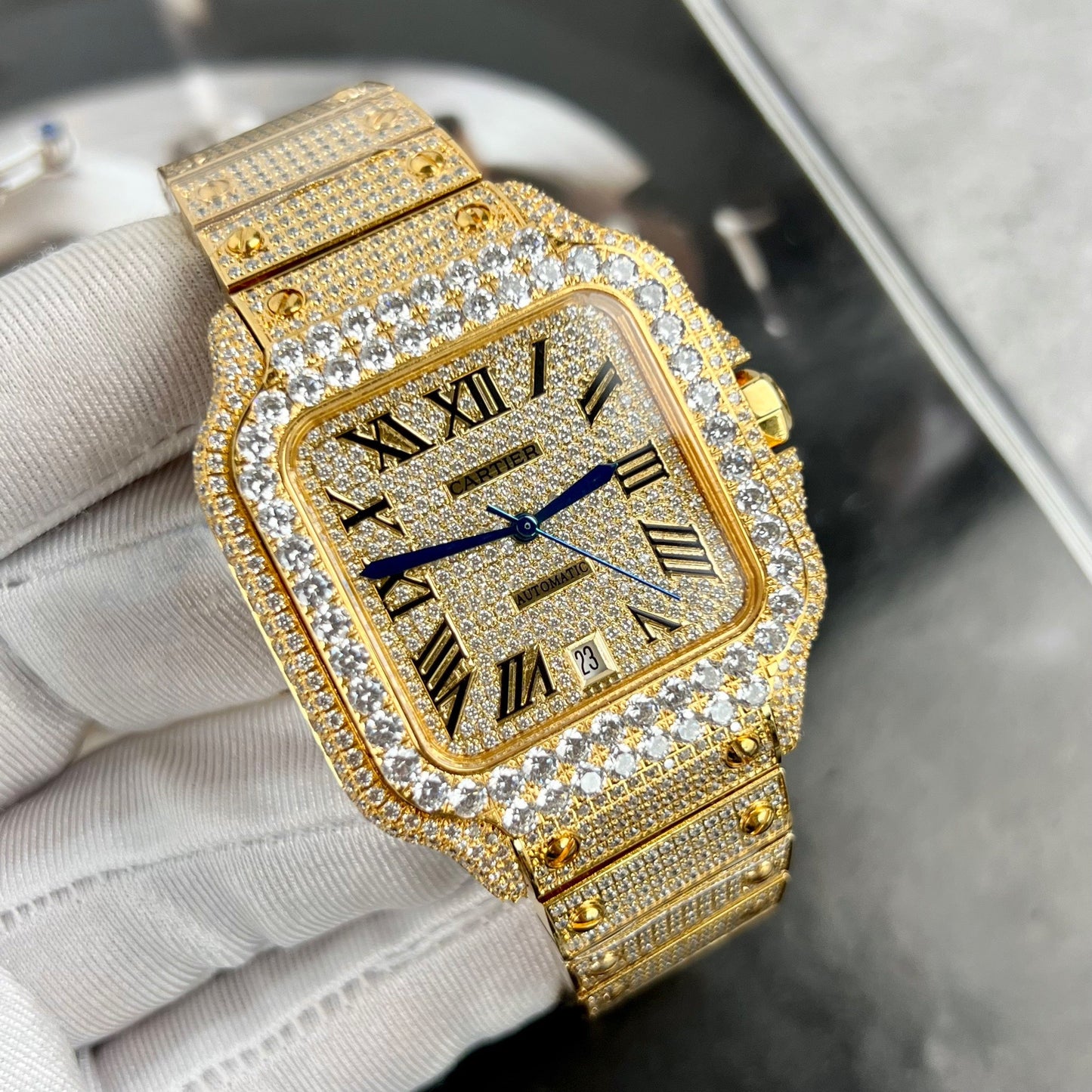 Cartier De Santos Pietra swarovski personalizzata completa da uomo placcata in oro giallo pvd