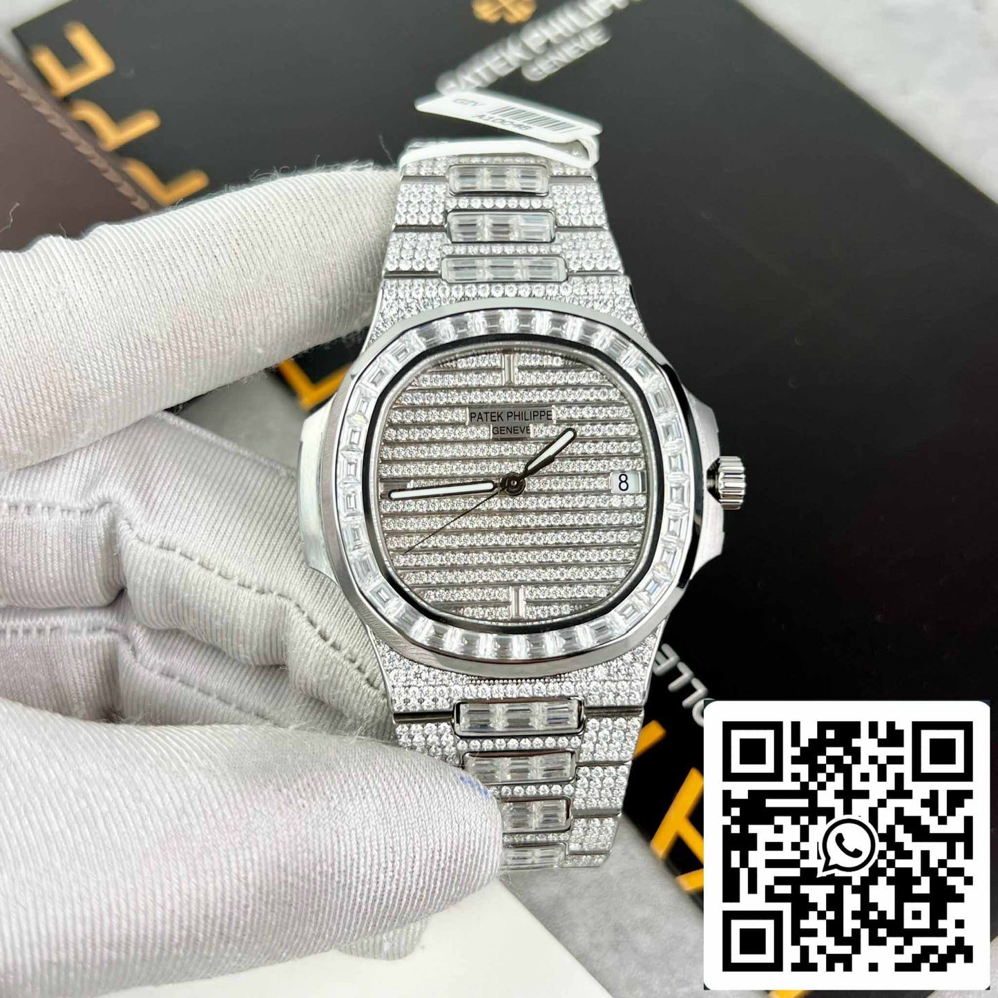 Replica Patek Philippe Nautilus Jumbo 5719/1G-001 custom full Moissanite diamonds