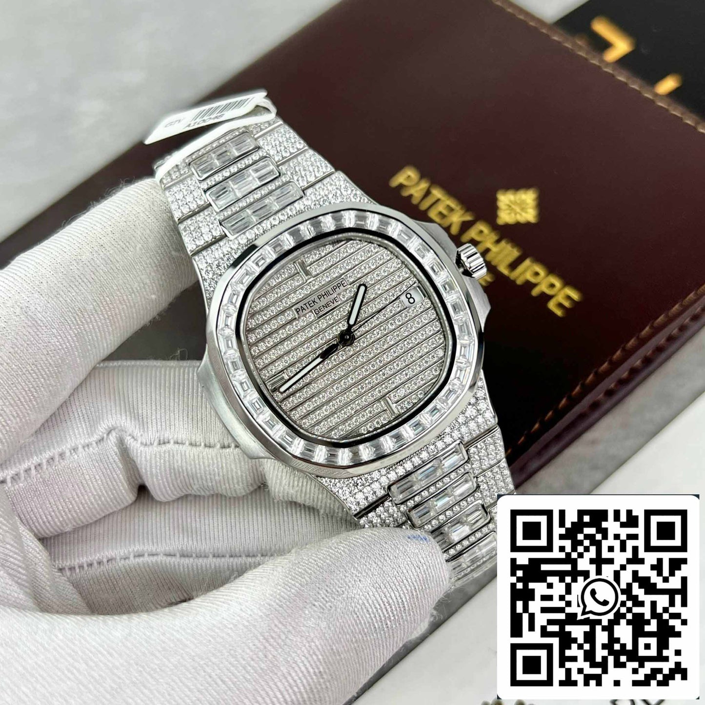 Replica Patek Philippe Nautilus Jumbo 5719/1G-001 custom full Moissanite diamonds