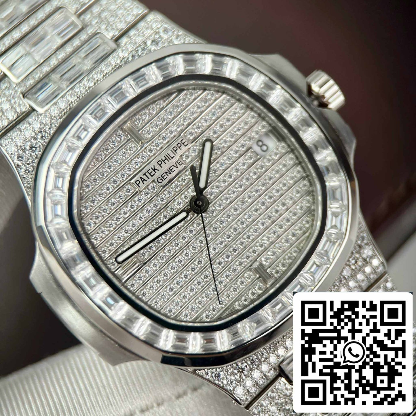 Replica Patek Philippe Nautilus Jumbo 5719/1G-001 custom full Moissanite diamonds