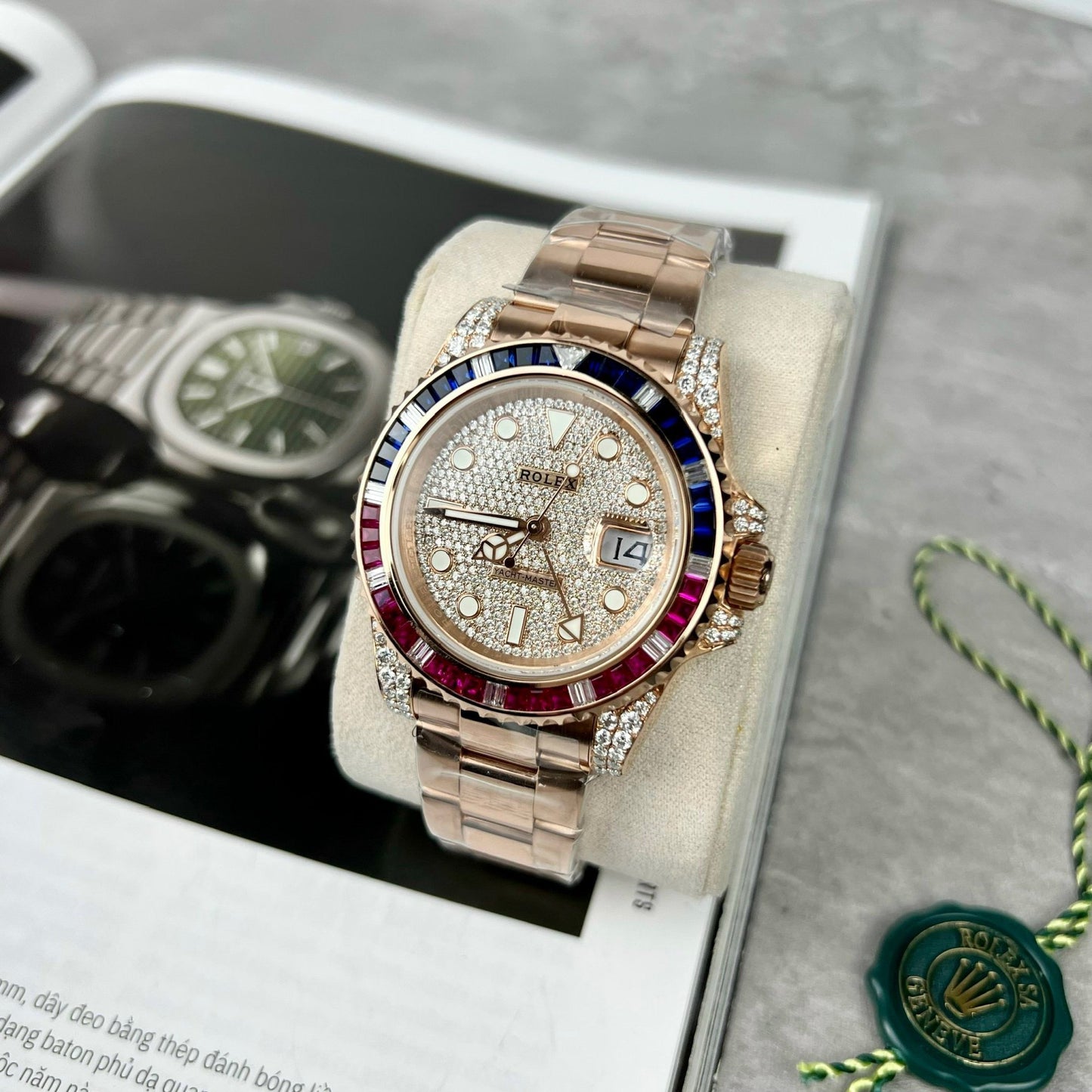 Rolex GMT-Master II 126755 SARU-DIAO Mejor edición 1:1 Piedra rubí y moissanita Oro de 18 quilates